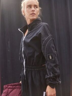 FP Movement by Free People Black Zip-Front Track Jumpsuit with White Trim